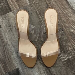 SCHUTZ  Ariella Leather Tan and Clear Strap Heels